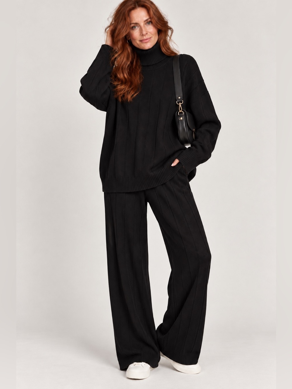 Black Ribbed Sweater Knit Lounge Set Pullover Pants Faux Turtleneck S Astrid NWT
